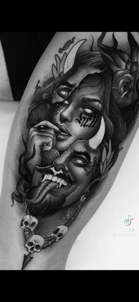 Hecate Goddess Tattoo Realism, Demonic Woman Tattoo, Masked Woman Tattoo, Demonic Tattoos Female, Evil Woman Tattoo, Devil Tattoo For Women, Female Devil Tattoo, Female Demon Tattoo, Demon Woman Tattoo