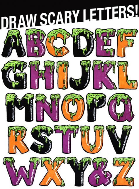 Draw Scary Letters for Halloween! Learn step by step how to draw these Halloween slime letters easy! Slime Letters Font, Drippy Letters Alphabet, Scary Lettering, Slime Letters, Cool Letters To Draw, Creepy Lettering, Trippy Letters, Drippy Letters, Cool Lettering Fonts