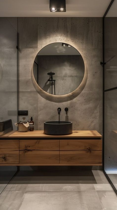 Industrial Bathroom Designs - Remodr Small Bathroom Ideas Industrial, Industrial Look Bathroom, Cr Design Ideas, Industrial Commercial Bathroom, Industrial Interior Design Bathroom, Bathroom Industrial Design, Concrete And Wood Bathroom, Bathrooms Ideas Modern, Bathroom Ideas Industrial