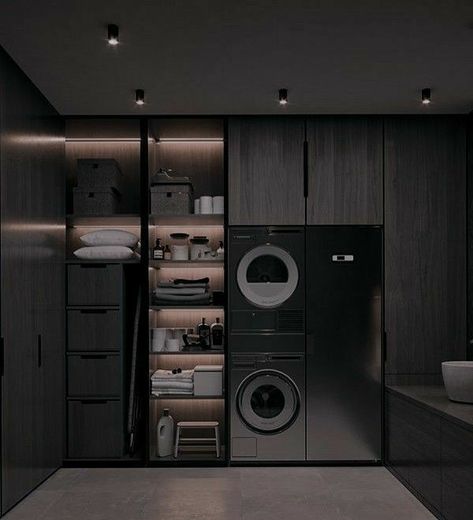 Closet And Bathroom Combo, Black Luxury House, Dark Modern House, Narrow House Designs, Luxury Mansions Interior, Black Bedroom Design, Simple Bathroom Designs, Dream Laundry Room, Dark Modern