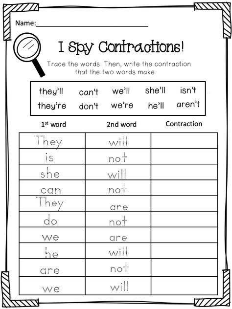 Learn contractions! Use apostrophes! Put two words together to make contractions! 2nd Grade Contractions, Contractions Worksheets 1st Grade, 2nd And 3rd Grade Activities Fun, Contractions Worksheets 2nd Grade, Apostrophes Worksheet, Contractions Anchor Chart, Teaching Contractions, Contractions Worksheet, Contractions Activities