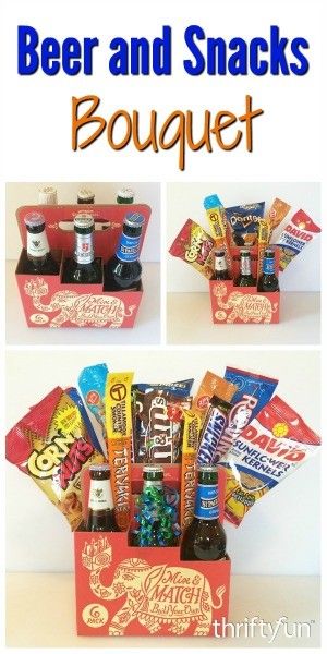 Try making this fun, personalized gift bouquet for an upcoming birthday or other event. This is a guide about making a beer and snacks bouquet. Snacks Bouquet, Beer And Snacks, Easy Graduation Gifts, Beer Bouquet, Beer Gifts Basket, Beer Basket, Snack Gift Baskets, Gift Card Bouquet, Man Bouquet