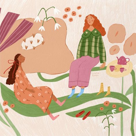 “Female friendship” 🌷 A close up of a bigger piece exploring friendship and active listening through quiet times together. Let’s see if somebody spots the shoes on the illustration, swipe for a close up - I have to admit the red flats may have been inspired by @alohas Rosalind flats which are on my wishlist for spring! ☺️ #womenwhodraw #drawingpeople #fashionillustration #fashionillustrator #fashionstyle #femalefriendship #friendships #friends #teatime #coffeetime #garden #womenwhodrawwomen... Active Listening Illustration, Friendship Illustration, Friend Illustration, Friends Illustration, Female Friendship, Red Flats, Active Listening, Vintage Poster Art, Fashion Illustrator