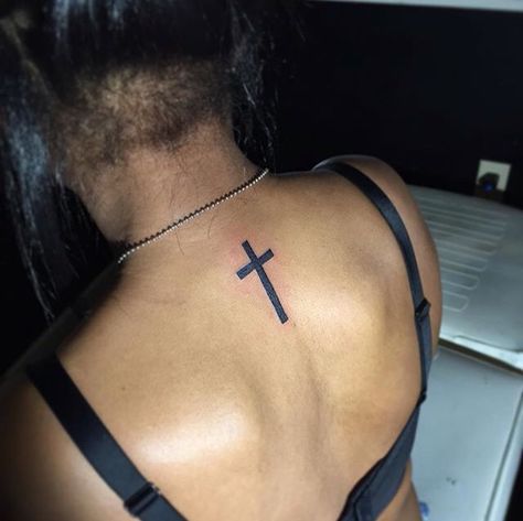 Back Cross Tattoos, Back Of Neck Tattoos For Women, Cross Tattoo Neck, Tiny Cross Tattoo, Small Back Tattoos, Rib Tattoos For Women, Cross Tattoos For Women, Back Of Neck Tattoo, Neck Tattoos Women