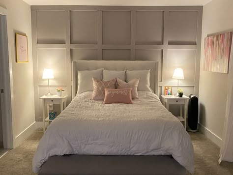 Accent Wall With Sconces Bedroom, Board Batten Bedroom Wall, Bedroom Inspirations Wall Panelling, Master Bedrooms Board And Batten, Bedroom Ideas Wall Panels, Paneling Accent Wall Bedroom, Bed Board Ideas Diy, Bedroom Accent Wall Board And Batten, Full Wall Board And Batten Bedroom