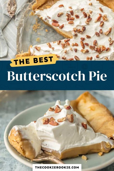 This classic Butterscotch Pie Recipe features sweet butterscotch filling piled high with fluffy whipped cream! This no-bake pie recipe is ideal for holidays like Thanksgiving, Christmas, or any other special occasion when you need something timeless and delicious. Pop over to my site for the recipe! Butterscotch Custard, Butterscotch Cream Pie, Scotch Pie Recipe, Butterscotch Pie Recipe, Butterscotch Desserts, Homemade Butterscotch, Easy Holiday Baking, Meringue Pies, Butterscotch Recipes