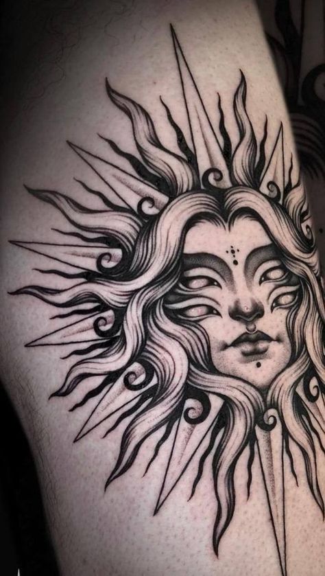 Sun Tattoo On Knee Cap, Retro Sun Tattoo, Female Sun Tattoo, Sun Arch Tattoo, Native Sun Tattoo, Sun Shin Tattoo, Ornate Sun Tattoo, Sun Tattoo Above Knee, Art Nouveau Sun Tattoo