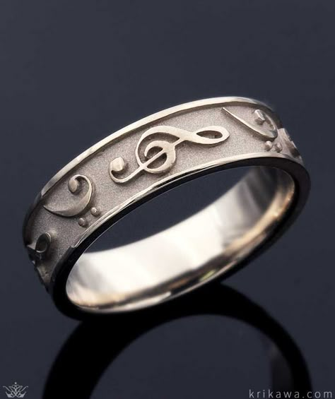 Celebrate your love of music with this musical symbol wedding band. Polished treble and bass clef symbols alternate around the band and sit in relief to the matte recessed background for contrast and dimension. Music Rings Men, Music Lovers Wedding, Music Inspired Jewelry, Music Ring, Music Rings, Love Of Music, Bass Clef, Pretty Jewelry Necklaces, Future Engagement Rings