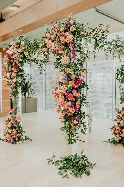 Bright and vivid garden style a-symmetric wedding chuppah for summer wedding in Philadelphia. Hanging Flower Chuppah, Chuppah Flowers Wedding, Bougainvillea Chuppah, Outdoor Chuppah, Chuppah Florals, Colorful Chuppah, Draped Chuppah, Modern Chuppah, Floral Chuppah