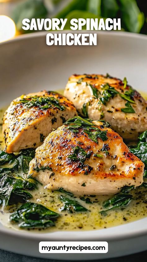 This savory spinach chicken combines juicy, tender chicken with a hearty spinach topping for a meal that’s both healthy and delicious. Perfect for weeknight dinners, this dish is easy to make and packed with flavor. Super Healthy Chicken Recipes, Chicken Dinner With Spinach, Chicken Thigh With Spinach Recipes, Chicken And Spinach Recipes Dairy Free, Recipes For Dinner With Spinach, Baked Chicken Spinach Recipes, Chicken With Spinach Recipes Healthy, Chicken And Spinach Dishes, Chicken Thighs Spinach Recipes