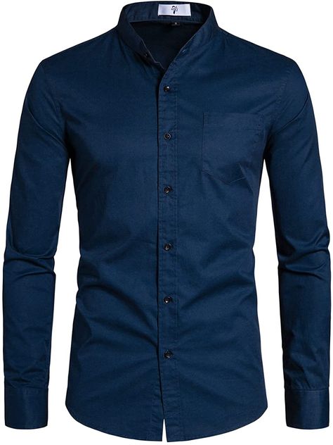 SIR7 Men's Banded Collar Long Sleeve Solid Color Casual Button Down Shirts with Pocket Navy Small at Amazon Men’s Clothing store Navy Blue Mens Outfits, Casual Navy Button-up Dress Shirt, Blue Button-up Dress Shirt For Daywear, Navy Blue Dress Shirt, Blue Button-up Dress Shirt With Button Cuffs, Semi-formal Blue Dress Shirt With Button Closure, Smart Blue Button-up Shirt, Dark Blue Shirt, Cotton Long Sleeve Shirt