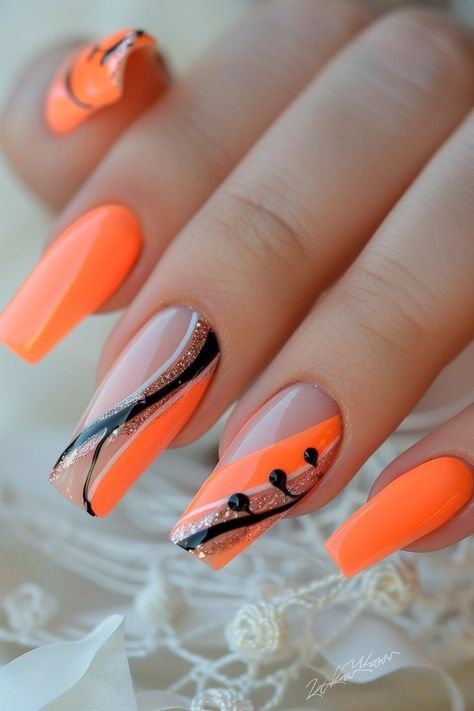 Orange White And Black Nails, Yellow Black And White Nails, Neon Orange Nails With Design, Orange And White Nail Designs, Clemson Nails, Black And Orange Nail Designs, Frozen Nail Art, Orange Nail Ideas, Classy Gel Nails