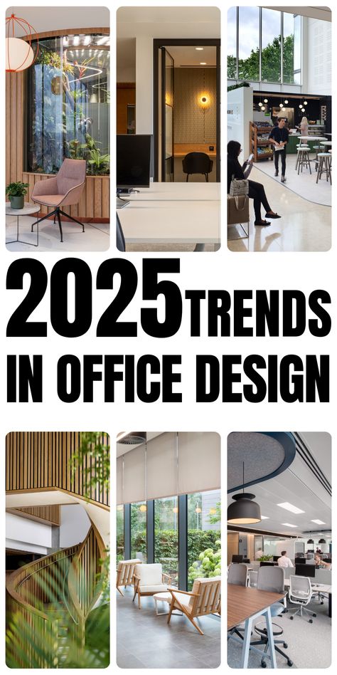 A post showcasing various office design trends for 2025, featuring greenery-filled spaces, seating areas, collaborative workstations, natural materials and modern interiors. Small Corporate Office Design Interior, Modern Workspace Office, Commercial Design Interior Inspiration, Regus Office Design, Business Office Makeover, Historic Office Design, Office Collaboration Space Design, Tech Office Design Workspace Inspiration, Amazing Office Design