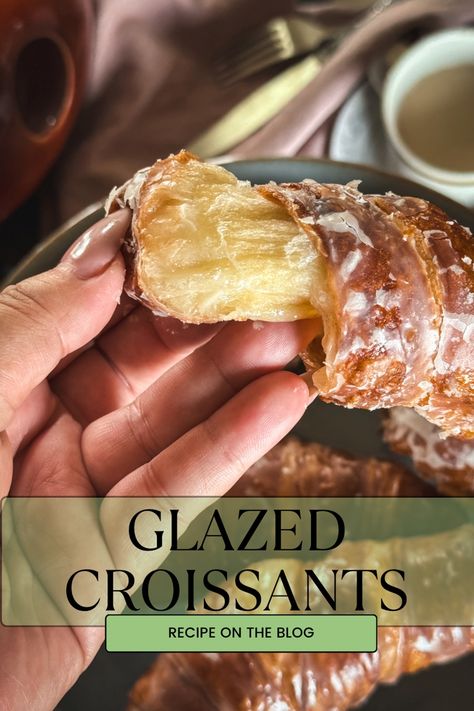 Glazed Croissants Glaze For Croissants, Deep Fried Croissants, Crossiant Dessert Ideas, Glazed Croissants Recipe, Crossant Recipes Filling, Croissant Recipe Ideas, Candied Croissant, Flavored Croissant, Recipes Using Croissants