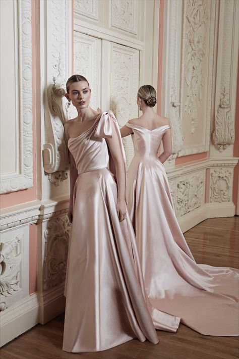 Pink Bridesmaid Gown With Pleated Bodice, Phillipa Lepley, Elegant Pink A-line Bridesmaid Dress, Phillipa Lepley Bridal, Elegant Pink V-neck Bridesmaid Dress, Pink Floor-length Bridesmaid Evening Dress, Duchess Satin, Couture Wedding, Bride Clothes