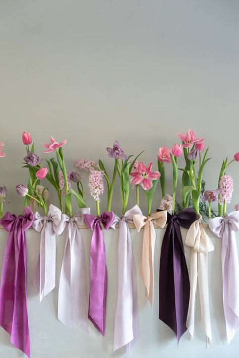 Spring Flower Display with Silk Ribbon Bows – Silk & Willow Bow For Flower Arrangement, Bouquet From Bridal Shower Bows, Pink Bow For Spring Party, Pink Bow Gift For Spring, Bow Vase, Flower Business, Flower Holder, 13th Birthday Parties, Floral Tape