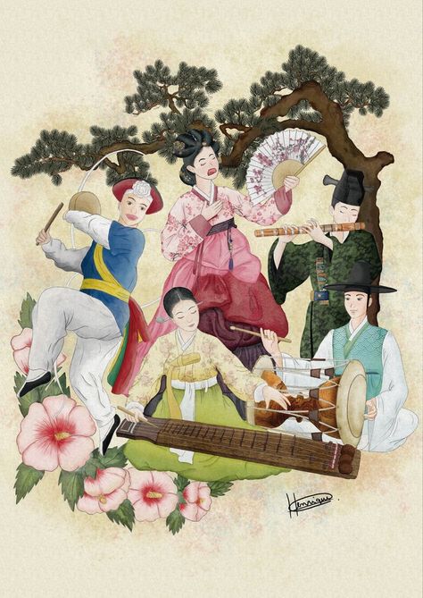 Asian Culture Illustration, Korean Culture Art, Korean Culture Illustration, Traditional Korean Women Drawing, Korea Illustration, South Korea Paintings, Traditional Korean Art, Ancient Korean Art, Art Of Korea