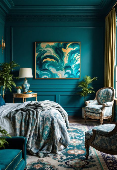 Men's Bedroom Ideas Blue Green Bedroom, Mens Bedroom Ideas, Blue Green Bedrooms, Men’s Bedroom Ideas, Men's Bedroom, Sophisticated Men, Mint Green Walls, Moroccan Theme, Colorful Cottage