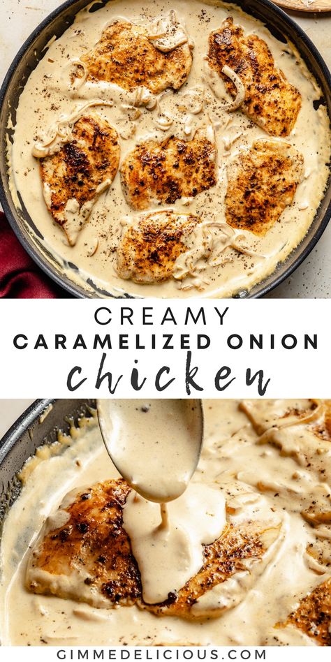 Creamy Caramelized Onion Chicken is a flavorful dinner that's easy to make in just 30 minutes! Pair it with a side of rice, pasta, mashed potatoes, or steamed vegetables for a restaurant-quality meal in the comfort of your own home. Chicken To Go With Mashed Potatoes, Creamy Onion Chicken, Chicken And Spring Onion Recipes, Carmalized Onion Chicken, Chicken Recipes With Mashed Potatoes, Chicken And Onion Recipes, Baked Chicken Breast And Rice, Chicken Breast With Mashed Potatoes, Chicken Mornay Recipe