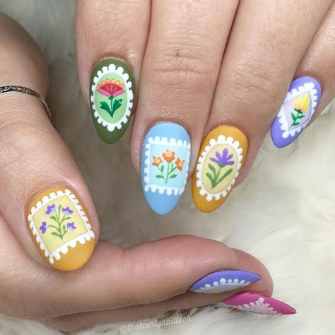 Jessica Gomes Carver | I think I’ll call these: 🪻Granny’s Stamp Collection🌻 . #stampnails #mattenails #cottagecore #cottagecoreaesthetic #summernails… | Instagram Oct Nails 2024, Colorful Nail Designs Summer, Cottagecore Nail Designs, Granny Square Nails, Funky Nail Designs Fun, Food Nails Designs, Italian Summer Nails, Honeymoon Nails Ideas, Vintage Nails Aesthetic