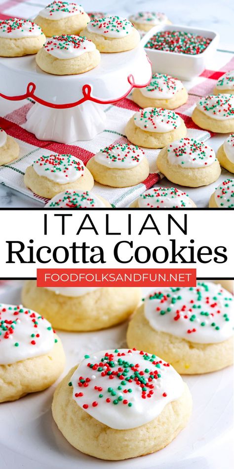 This Ricotta Cookies Recipe is a soft buttery Italian cookie with a hint of lemon and almond and is covered in icing and sprinkles. For more Christmas cookies recipes follow Food Folks and Fun! Italian Ricotta Cookies, Ricotta Cookies, Italian Christmas Cookies, Easy Christmas Cookie Recipes, Christmas Baking Recipes, Holiday Favorite Recipes, Christmas Cookies Easy, Holiday Cookie Recipes, Italian Cookies