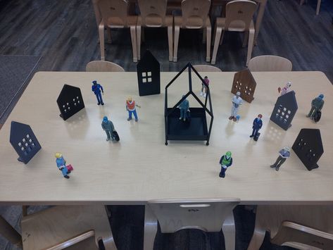 The children in my preschool classroom have been interested in the people they see around our neighbourhoods. This provocation was used with Covid-19 in mind.That means all the items can be sanitized. Provocation Table, Community Helper, Metal House, Community Helpers, Wooden Houses, Metal Homes, Ping Pong Table, Ping Pong, Preschool