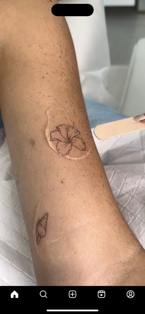 Dainty Hawaiian Flower Tattoo, Single Flower Tattoo Placement, Tiny Hibiscus Flower Tattoo, Turtle With Hibiscus Tattoo, Maldives Tattoo Ideas, Beachy Tattoos For Women Summer, Philippine Inspired Tattoo, Philippines Inspired Tattoo, Small Tropical Flower Tattoo