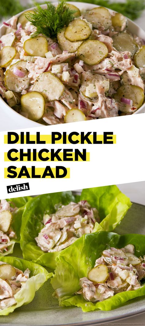 Pickle lovers, this chicken salad was MADE for you. Get the recipe at Delish.com. #recipe #easyrecipe #easy #chicken #salad #pickles #sandwich #chickenrecipes #lunch #summer Dairy Free Chicken Salad, Dill Pickle Chicken Salad, Pickle Chicken Salad, Dill Pickle Chicken, Aip Chicken, Pickle Chicken, Best Chicken Salad Recipe, Unbound Wellness, Healthy Chicken Salad Recipe