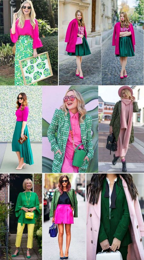 Yellow-Pink-Go-With-Green-Clothes Colors That Go With Kelly Green, Trending Colour Combinations, Colours That Go With Green Clothes, Green Color Combos Outfit, Green Color Palette Outfit, Colors That Go With Green Clothes, Green Color Combinations Clothes, Olive Green And White Outfit, Green Color Combinations Outfit