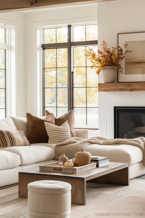 Fall Living Room Decor with white sectional, area rug, wood coffee table, and fall home decor Cozy Modern Fall Decor, Fall Home Tour 2024, Indoor Fall Decorations, Fall Living Room Decor Ideas, Living Room Decor Fall, Nature Inspired Living Room, Modern Fall Decor Ideas, Indoor Fall Decor, Modern Fall Decor