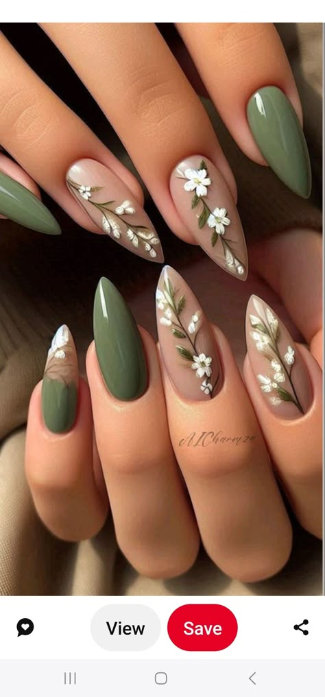 French Tip Nails With Sage Green, Wedding Nails With Leaf Design, Sage Nails With Design, Black And Sage Nail Designs, Pearl Nail Designs Classy, Wedding Nails Forest Green, Eucalyptus Nails Design, Leafy Nail Designs, Nails Sage Green And Gold