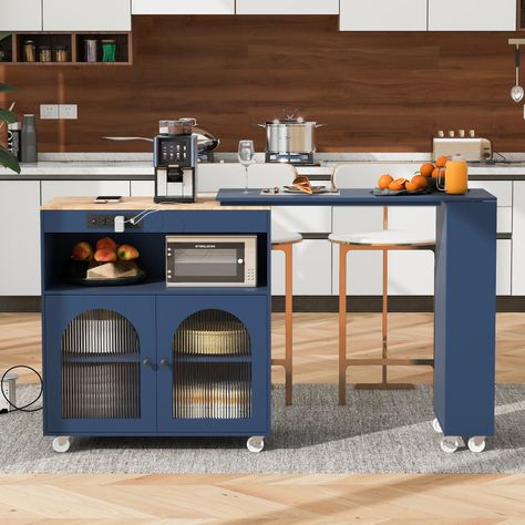 Rolling Kitchen Island With Extension Table, Kitchen Island With Storage Compartment And Shelf, Navy Blue | Free Shipping On Items Shipped From Temu | Temu Extended Table, Mobile Kitchen Island, Kitchen Island On Wheels, Island Cart, Rolling Kitchen Island, Kitchen Island Cart, Wood Kitchen Island, Fluted Glass, Kitchen Dinning