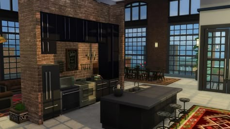 Sims Modern Interior, Industrial Sims 4 House, Sims Modern Living Room, Sims 4 Penthouse Ideas, Sims 4 Penthouse, Sims 4 Loft, Penthouse Ideas, Sims 4 Houses Layout, House Flipper