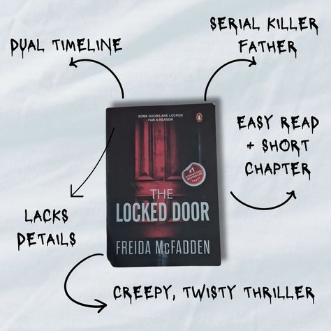 REVIEW Ft. THE LOCKED DOOR 🚪 by @fmcfaddenauthor ⭐⭐⭐⭐ I stumbled upon "The Locked Door" thanks to Bookstagram, and boy, am I glad I did! This thrilling read had me hooked from start to finish, with its intriguing storyline and clever use of dual timelines. Freida McFadden spins a tale that's perfect for a quick sit-down read, keeping you on the edge of your seat throughout. Plus, the twist of having a serial killer father had me turning pages faster than ever. However, while the journey was... The Locked Door Book Aesthetic, The Locked Door Freida Mcfadden, Freida Mcfadden, Locked Door, Turning Pages, Book Worm, Book Reviews, On The Edge, Book Aesthetic