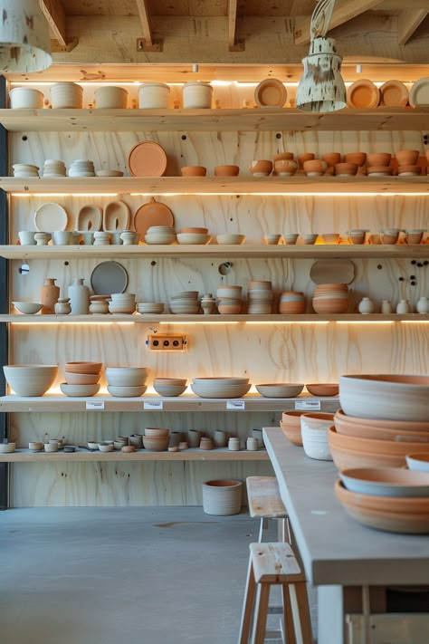 15 Clay Workshop Inspirations and Ideas - TastyInteriors Pottery Studio Layout Plan, Home Clay Studio, Interior Design Store Ideas, Garage Pottery Studio Ideas, Ceramic Workshop Pottery Studio, Pottery Workshop Ideas, Pottery Shop Aesthetic, Ceramic Studio Design, Ceramic Workshop Ideas