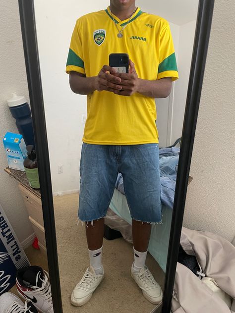 Brazil Shirt Outfit Men, Brazil Outfit Men, Brazil Jersey Outfit Men, Reebok Outfit Men, Brazil Shirt Outfit, Brazil Jersey Outfit, Jorts Summer Outfits, Jorts Mens Outfits, Brazil Outfit