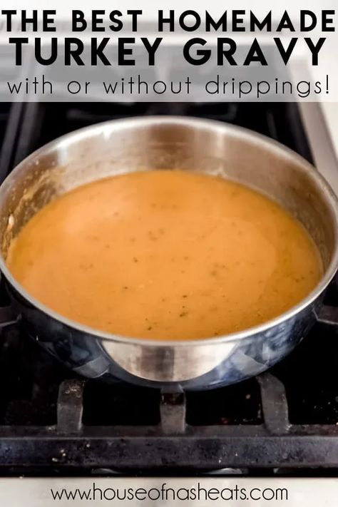 This incredibly easy recipe makes the BEST Homemade Turkey Gravy that I have ever had. Once you learn how to make turkey gravy from scratch rather than using a packet, you will never go back. I'll show you have to make this 4-ingredient turkey gravy with drippings, if you have them, or using broth or stock, if that's what is available instead. | homemade turkey gravy recipe | homemade turkey gravy with drippings | homemade turkey gravy without drippings Making Turkey Gravy Without Drippings, How To Make Turkey Gravy From Broth, Turkey Gravy Recipe From Stock, Turkey Gravy Sandwiches, Best Turkey Gravy From Drippings, Homemade Turkey Gravy With Drippings, Turkey Drippings Gravy Recipe, Make Gravy From Broth, Turkey Gravy From Scratch