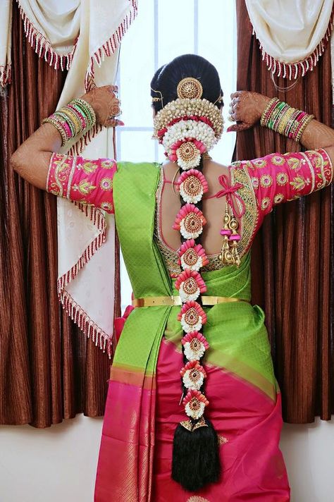 30+ Poo Jadai Alangaram Designs for Wedding and Seemantham – South Indian Bride | Wedlockindia.com South Indian Hairstyle, Jadai Billai, South Indian Wedding Hairstyles, Bridal Hair Decorations, Bridal Hairstyle Indian Wedding, Bridal Hairdo, Bridal Braids, Saree Bollywood, Indian Wedding Hairstyles