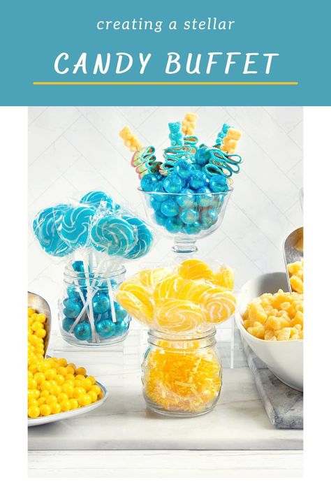 candy buffet, how to set up a candy buffet, hot to pick candy for a candy buffet, event planning tips, candy shop tips, event planning, wedding planning, party planning Candy Bar Containers, Colorful Candy Buffet, Candy Buffet Ideas, Diy Candy Buffet, Big Lollipops, Swag Bags, Candy Display, Bar Displays, Bar Set Up