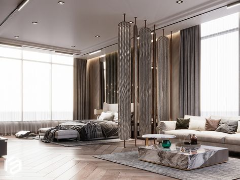 Luxury Bedroom on Behance Behance Bedroom Design, Big Bedroom Luxury Master Suite, Bedroom Separator, Huge Bedroom Luxury Master Suite, Modern Master Bedrooms Decor Luxury, Big Master Bedrooms Decor, Huge Bedroom Luxury, Luxury Suite Room, Rich Bedroom Luxury Modern