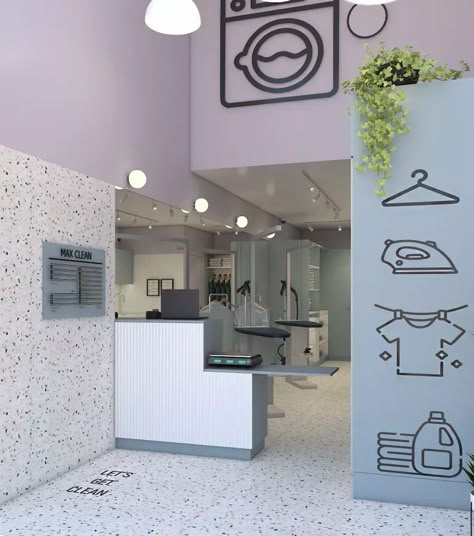 laundry and cleaning store. colors: Blue. Purple. White. Laundry inspo ideas Laundry Garage Ideas, Laundry Shop Interior Design, Laundry Shop Business, Laundry Shop Design Ideas, Laundry Store Design Ideas, Laundry Business Design, Laundry Shop Design, Coin Laundromat, Laundromat Business