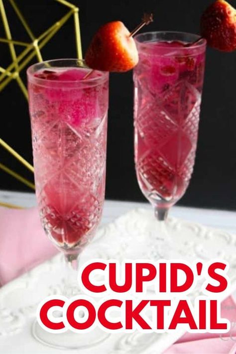 Cupid's Cocktail is the perfect drink for Valentine's Day. When you take strawberries and champagne and combine them, it doesn't get any better! #cocktail #champagne #valentinesday #valentine #holidayrecipe #valentinesdayrecipe #amandascookin Valentines Cocktails Drink Recipes, Grapefruit Cocktail Recipes, Grapefruit Vodka, Valentine Drinks, Valentine Cocktails, Cocktail Champagne, Valentines Recipes Desserts, Grapefruit Cocktail, Valentine Cupid