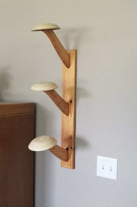 Didn't like the ones for sale so I made my own out of scrap wood, bamboo soup bowls, and parts from a child's rocking horse. Hat Stand, Diy Hat Rack, Chinese Hat, Cowboy Hat Rack, Boho Hat, Hat Rack, Creative Storage, Hat Stands, Decor Display