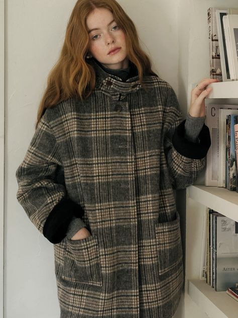 Cest_Plaid Tweed Wool Coat | W Concept Long Plaid Coat, Plaid Winter Coat, Cute Winter Coats, Square Pocket, Wool Winter Coat, Plaid Coat, Professional Dresses, W Concept, Warm Coat