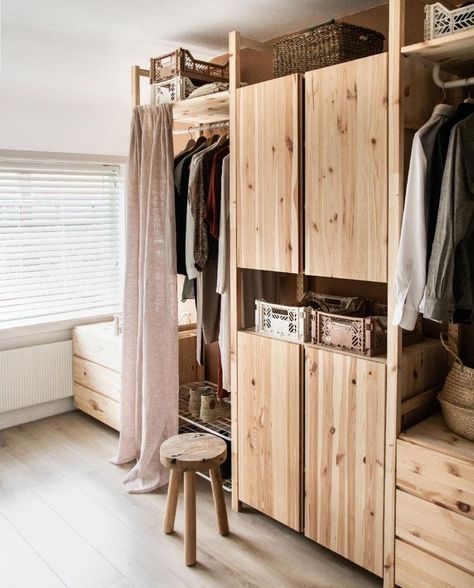 Alcove Clothes Storage, Bedroom With Open Closet, Small Bedroom With Wardrobe, Cloth Closet, Cheap Wardrobes, Scandinavian Office, Bedroom Wardrobe Ideas, Ikea Wardrobe, Wooden Closet