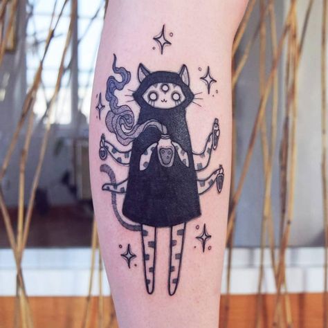 Kawaii Cat Tattoo Ideas, Retro Tattoos For Women, Small Witchy Tattoos, Witchy Tattoos, Small Tattoos Ideas, Tattoo Artist Tattoo, Tattoo Design Tattoo, Witch Tattoo, Kawaii Tattoo