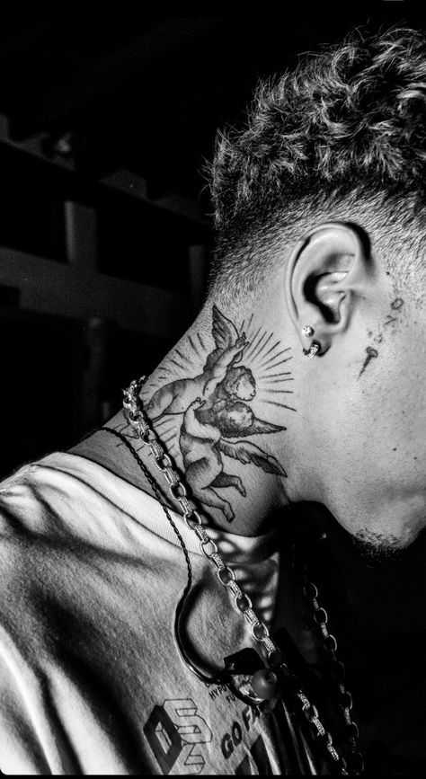 Angel On Neck Tattoo, Angel Tattoo Men Neck, Angel Neck Tattoo For Men, Angel Tattoo Neck, Neck Angel Tattoo, Angel Neck Tattoo, Mens Face Tattoos, Half Sleeve Tattoos Sketches, Arm Tattoos Black