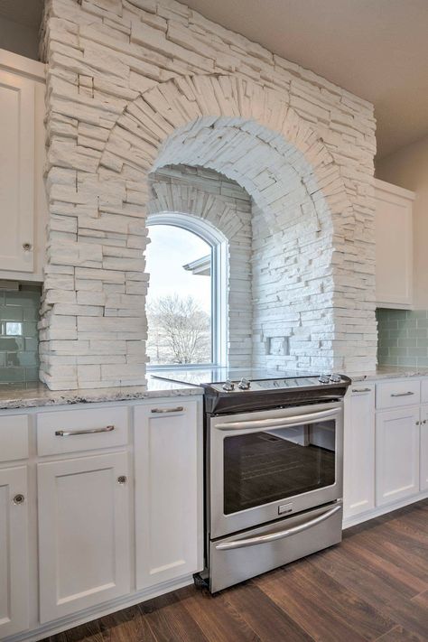 Stone Arch In Kitchen, Stone Kitchen Hood, Stone Range Hood, Stone Archway, Brick Arch, Stone Backsplash, Cape House, Kitchen Remodel Design, Stone Arch