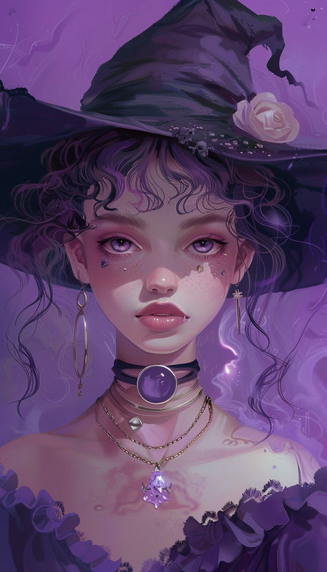 Mystical Witch with Purple Curls and Lavender Eyes Curly Hair Witch Art, Purple Witch Aesthetic, Purple Curls, Lavender Eyes, Lavender Witch, Witch Eyes, Retro Witch, Whimsical Witch, Purple Witch