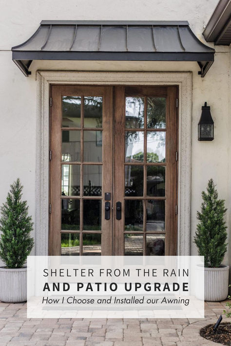 Elevate your exterior house design with our custom metal awnings! Stylish, durable, and tailored to fit our aluminum, steel, and copper awnings add a touch of elegance while providing long-lasting protection. Shield your entryway from the rain with the Juliet style. ✅ Quality craftsmanship for a 50-year life with zero maintenance. ✅ Seamless integration with your space. ✅ Hassle-free installation with everything included. Upgrade your outdoor living now! ✨ #CustomAwnings #HomeElegance Copper Awning Front Porch, Outside Awning Ideas, Black Metal Awnings On House, New House Exterior Ideas, Copper Awnings Over Windows, Metal Awnings Over Doors, Window Awnings Exterior, Awnings Over Doors, Cozy Gazebo